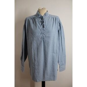 Vtg CC Blues Color Cues L Blue Chambray Cotton Blend Lace-Up Popover Smock Top